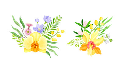 Tropical exotic flowers and leaves set. Floral composition with tropical plants for card, wedding invitation, decor element vector illustration