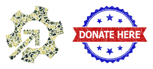 Military camouflage mosaic of gear integration icon, and bicolor dirty Donate Here seal stamp. Vector seal with Donate Here title inside red ribbon and blue rosette, distress bicolored style.