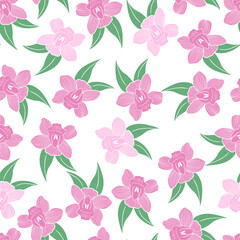 Seamless pattern pink orchids vector illustration. Floral gentle background. Flowering model for fabric, packaging and design. Tropical flowers template