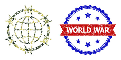 Military camouflage composition of barbed wire globe icon, and bicolor scratched World War seal stamp. Vector imprint with World War caption inside red ribbon and blue rosette, - obrazy, fototapety, plakaty