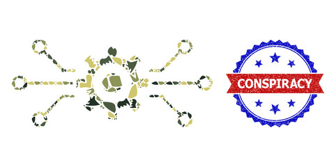 Military camouflage collage of electronic machinery icon, and bicolor unclean Conspiracy seal stamp. Vector seal with Conspiracy text inside red ribbon and blue rosette, distress bicolored style.