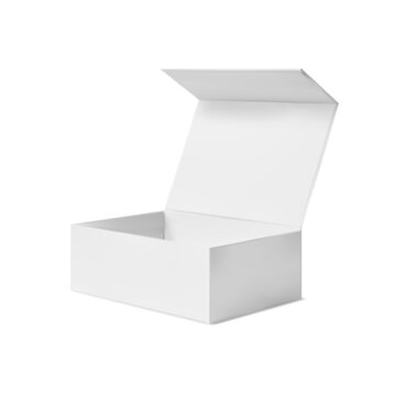 White box blank. Open cardboard box blank mockup, square template. Realistic paper pack, side view. Cosmetic promotion rectangle cover for corporate presentation, vector illustration