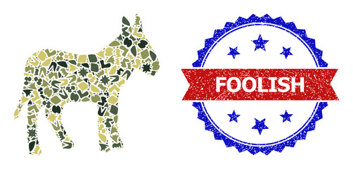 Military camouflage combination of donkey icon, and bicolor dirty Foolish watermark. Vector watermark with Foolish title inside red ribbon and blue rosette, distress bicolored style.