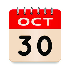 30 day of the month. October. Flip old formal calendar. 3d daily icon. Date. Week Sunday, Monday, Tuesday, Wednesday, Thursday, Friday, Saturday. Cut paper. White background. Vector illustration.