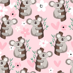 Seamless pattern with cute koala baby on color background. Funny australian animals. Card, postcards for kids. Flat vector illustration for fabric, textile, wallpaper, poster, paper