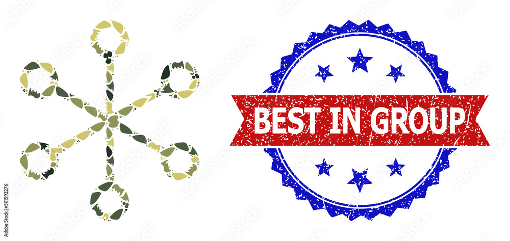 Poster military camouflage composition of net links icon, and bicolor textured best in group watermark. vec