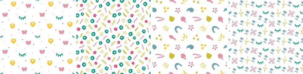 Set of seamless patterns in cutout style. Vector backgrounds