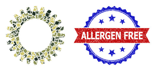 Military camouflage mosaic of cogwheel icon, and bicolor textured Allergen Free stamp. Vector watermark with Allergen Free text inside red ribbon and blue rosette, grunge bicolored style.