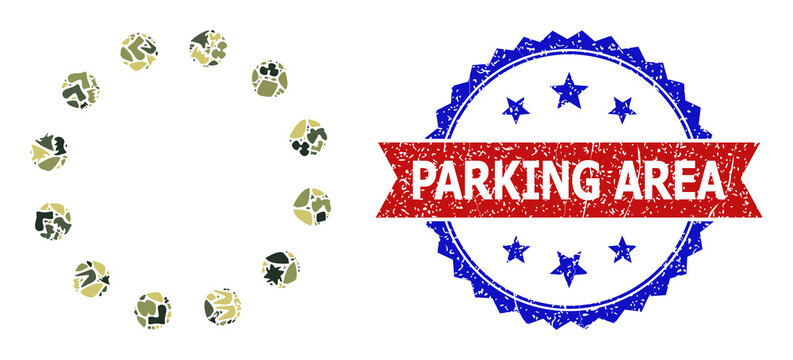 Military Camouflage Mosaic Of Dotted Circle Perimeter Icon, And Bicolor Unclean Parking Area Seal. Vector Seal With Parking Area Tag Inside Red Ribbon And Blue Rosette, Unclean Bicolored Style.