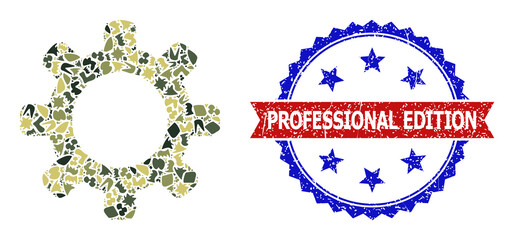 Military camouflage combination of cog icon, and bicolor unclean Professional Edition seal. Vector seal with Professional Edition title inside red ribbon and blue rosette, unclean bicolored style.