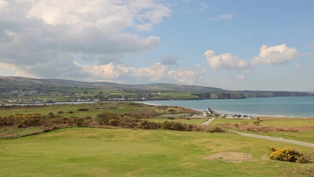 View of Newport Sands Beach from the golf club. Newport, Pembrokeshire, Wales. UK