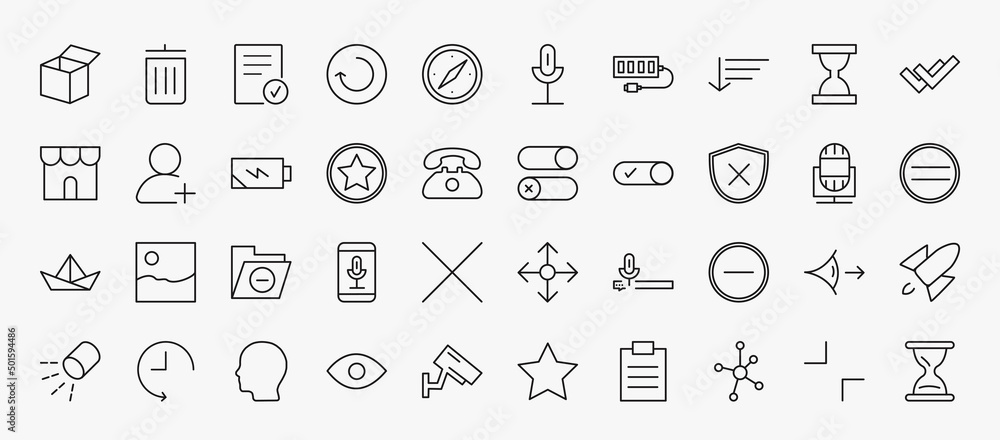 Poster set of 40 user interface icons in outline style. thin line icons such as open box, checked, sort dow