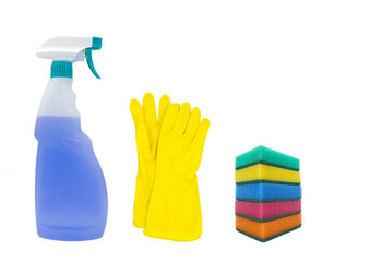 Set of various bright cleaning items, bottles, utensils, supplies. Home cleaning, housekeeping concept.