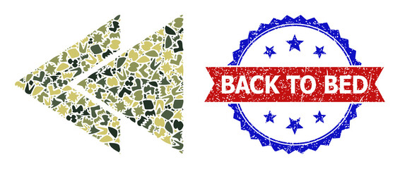 Military camouflage mosaic of fast back rewind icon, and bicolor rubber Back to Bed watermark. Vector watermark with Back to Bed tag inside red ribbon and blue rosette, scratched bicolored style.