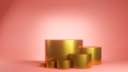 3D rendering of golden podium with red background. Beatiful golden stage.Gold product display for product.