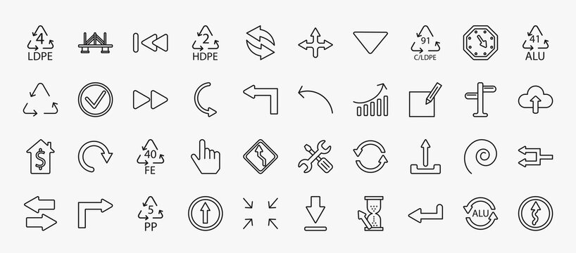 set of 40 user interface icons in outline style. thin line icons such as 4 ldpe, rewind, 91 c/ldpe, 41 alu, forward button, sketched arrow, make, 40 fe, upload button, 5 pp, return left arrow, alu