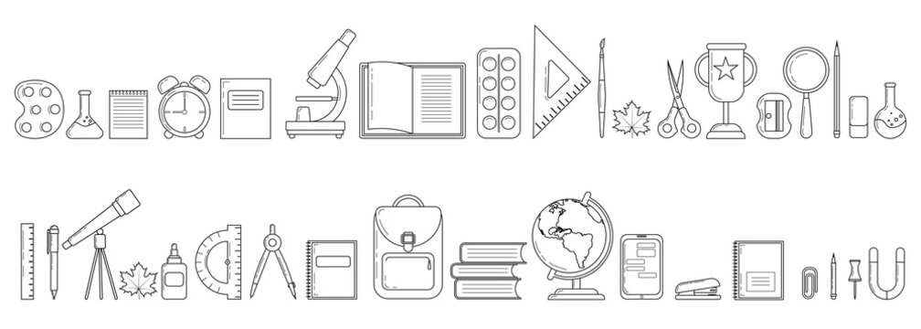 School supplies. Stationery pictograms. Backpack, ruler, book, brush, pen, globe, pencil and other simple items. Isolated on white background vector line illustration.
