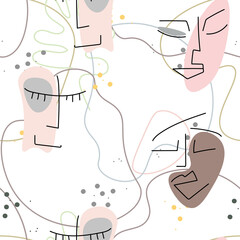 Woman Face line. Abstract drawing seamless pattern