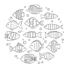 Set of cute sea fish doodle. Underwater world in sketch style. Hand drawn vector illustration isolated on white background.