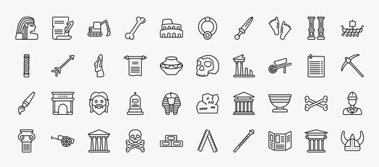 set of 40 history icons in outline style. thin line icons such as egypt, digger, footprint, viking ship, moais, skull, wheelbarrow, face, bowl, pantheon, trifold, museum editable vector.