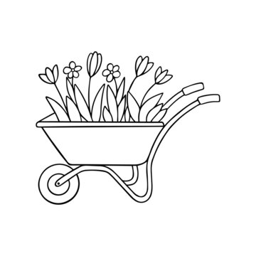 recommend clip art: Hand drawn garden wheelbarrow with flowers doodle. Garden equipment in sketch style.  Vector illustration isolated on white background.