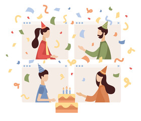 Naklejka na ściany i meble Online birthday party. Meeting friends. Video conference. Video call. Celebrating, fun time at home. Vector flat illustration
