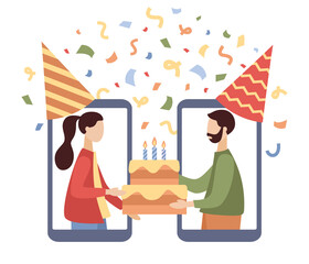 Online birthday party. Meeting friends. Video conference. Video call on smartphone app. Celebrating, fun time at home. Vector flat illustration