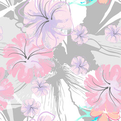 Pink Flowers Blooming Pattern. Pastel Watercolor.