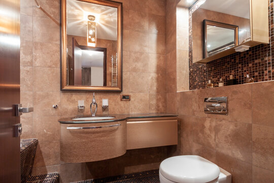 Clean bright stylish designer modern dark brown marble bathroom. 3d render.
