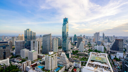 Bangkok City - Aerial view  Bangkok city urban downtown skyline tower of Thailand on blue sky background , City scape Thailand