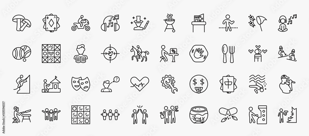 Poster set of 40 activity and hobbies icons in outline style. thin line icons such as mushrooming, motorcyc