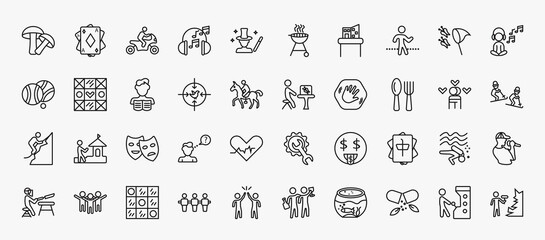 set of 40 activity and hobbies icons in outline style. thin line icons such as mushrooming, motorcycle riding, walking, relaxing, boy reading, insect collecting, eating, acting, mahjong, checkers,