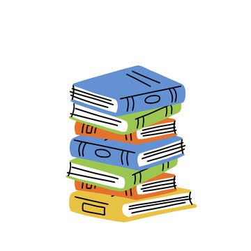 Pile of Book in cartoon style. Education and knowledge. Details of school and library. Stack of Closed cover. Modern trendy design. Many object