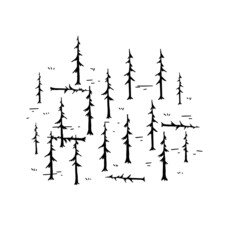 Pine forest. Silhouettes of old dead trees. Swamp area for retro maps. - obrazy, fototapety, plakaty