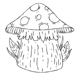 Mushroom, children drawing. Picture for coloring book. Forest nature and food. Outline black and white cartoon