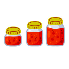 Cherry jam. Jar of red berries and fruit syrup. Glass kitchen utensils.