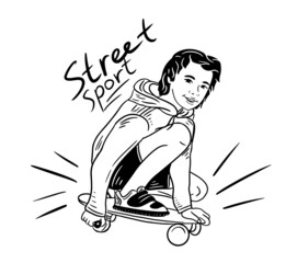 Teen boy on a skateboard.Street sport.Skateboarding.Vecrtor illustration.Image drawn by hand in doodle.
