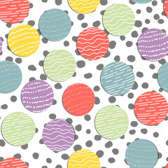 Abstract hand drown polka dots background. White dotted seamless pattern with color circles. Template design for invitation, poster, card, flyer, textile, fabric