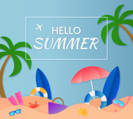 Hello Summer in paper cut style. Summer time. Palm trees and beach with umbrella, swimming ring, sunglasses, surfboard. Can be used for many purposes.