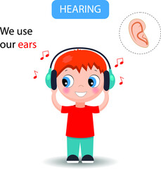 The boy hearing music with ears. Funny montessori game for kids. Learning five senses. Vector illustration.
