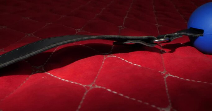 detailed, extreme close-up round gag on leather straps on a red blanket