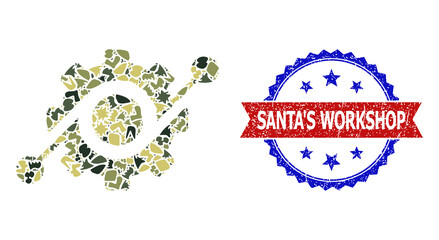 Military camouflage mosaic of clever machine icon, and bicolor textured Santa'S Workshop watermark. Vector watermark with Santa'S Workshop text inside red ribbon and blue rosette,