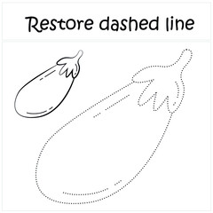 Eggplant. Repair the dotted line. Handwriting practice. Vegetables in contours. Educational game for toddlers and preschoolers. Cartoon style. Isolated vector illustration, eps