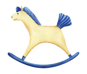 Retro rocking horse toy. Light white cream climbed with blue mane and tail. Toy for baby. Hand painted watercolor illustration. Colorful light sketchy drawing on white paper background