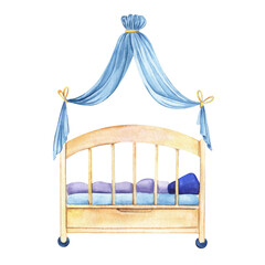 Bright baby cot with side under canopy cradle for boy. Baby sleep. Wooden yellow light blue. Bed for child. Hand painted watercolor illustration. Colorful light sketchy drawing on white background