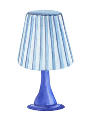 Blue table lamp in the old style.  Light lampshade, rich stand.  Minimalistic design. Hand painted watercolor illustration. Colorful light sketchy drawing on white paper background