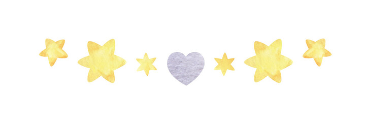 Neat little vignette of six stars and one gray-blue heart.  Decorative design element. Hand painted watercolor illustration. Colorful light sketchy drawing on white paper background