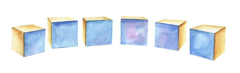 set row of six wooden cubes.  One side is blue.Vignette title frame. Header decorative element. Hand painted watercolor illustration. Colorful light sketchy drawing on white paper background.