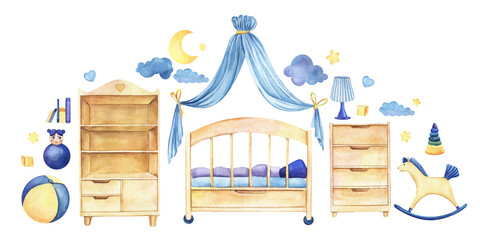 Baby's room furniture and toys. Set decorative elements. Cabinet, chest, bed, canopy. Cloud moon and star. Hand painted watercolor illustration. Colorful sketchy drawing on white background - 501598479
