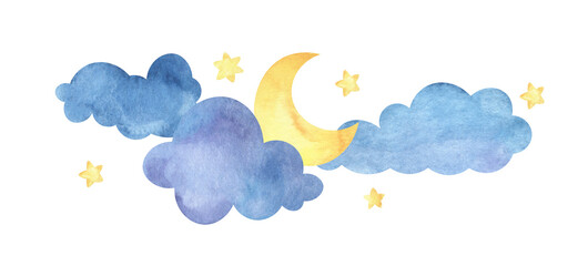 Golden crescent surrounded by blue clouds of clouds and stars. Vignette decorative element. Hand painted watercolor illustration. Colorful light sketchy drawing on white paper background. - obrazy, fototapety, plakaty